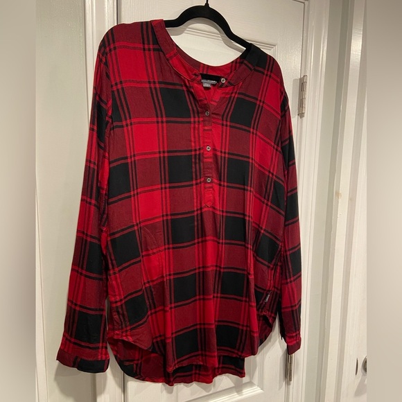 NWT Eddie Bauer Size L Red Black Soft Plaid Flannel Button Collarless Tunic Top - Picture 3 of 15